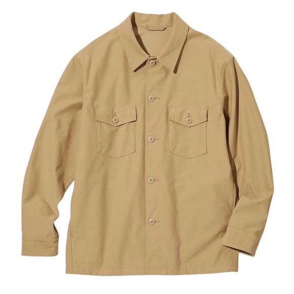 Uniqlo Jersey Over Shirt Jacket Mens Size M Shacket Buttons Pockets Beige - Picture 1 of 6